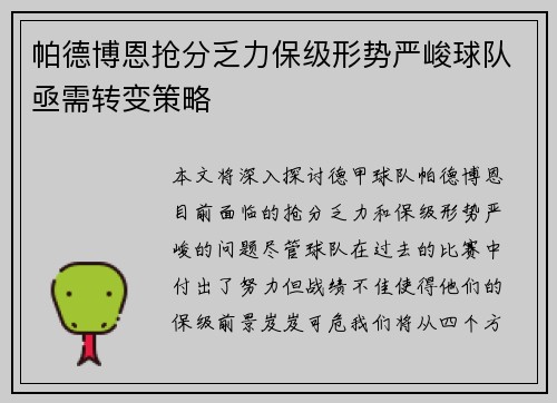 帕德博恩抢分乏力保级形势严峻球队亟需转变策略