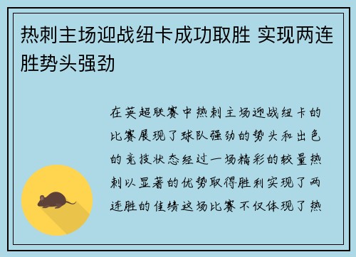 热刺主场迎战纽卡成功取胜 实现两连胜势头强劲