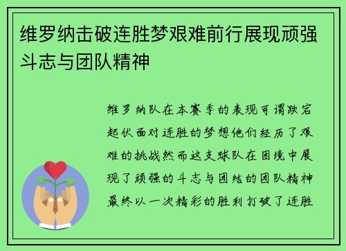 维罗纳击破连胜梦艰难前行展现顽强斗志与团队精神