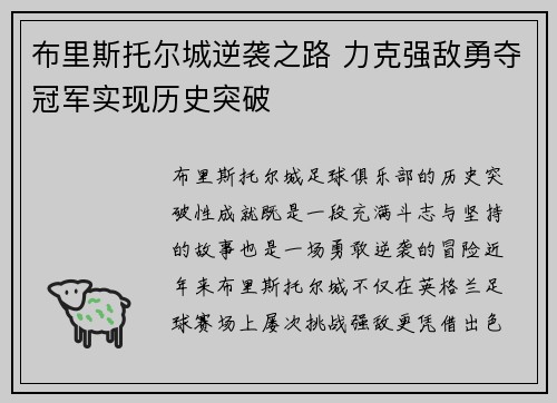 布里斯托尔城逆袭之路 力克强敌勇夺冠军实现历史突破