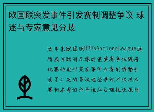 欧国联突发事件引发赛制调整争议 球迷与专家意见分歧