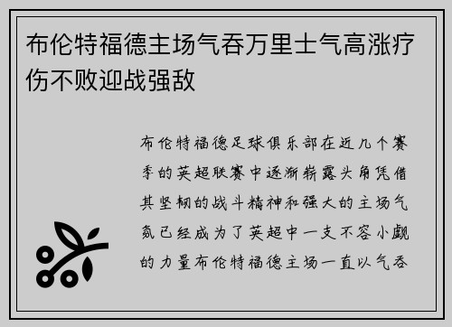 布伦特福德主场气吞万里士气高涨疗伤不败迎战强敌