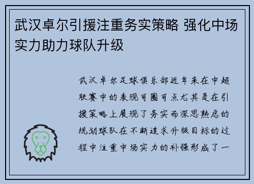 武汉卓尔引援注重务实策略 强化中场实力助力球队升级