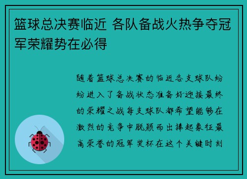篮球总决赛临近 各队备战火热争夺冠军荣耀势在必得