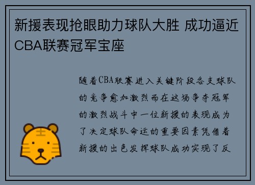 新援表现抢眼助力球队大胜 成功逼近CBA联赛冠军宝座